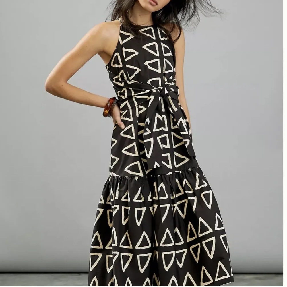 Anthropologie Corey Lynn Calter Keyanna Tie Front Black Pattern Maxi Dress